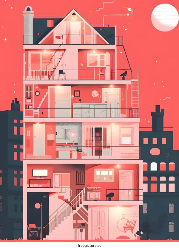 Cut Away View of a Modern Home at Night