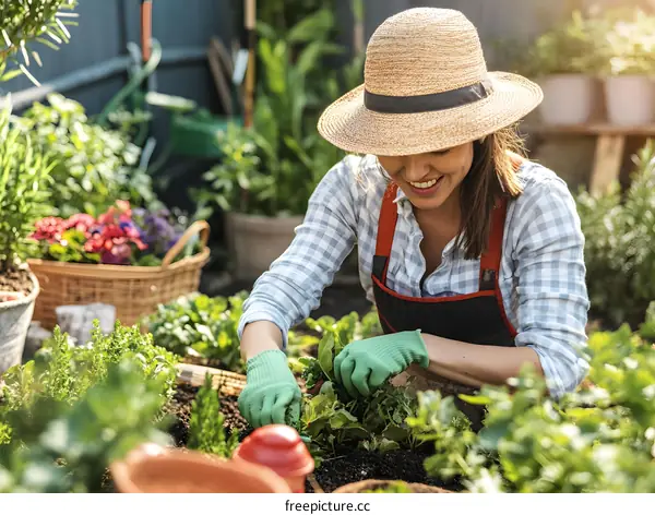 Happy Woman Gardening in the Backyard