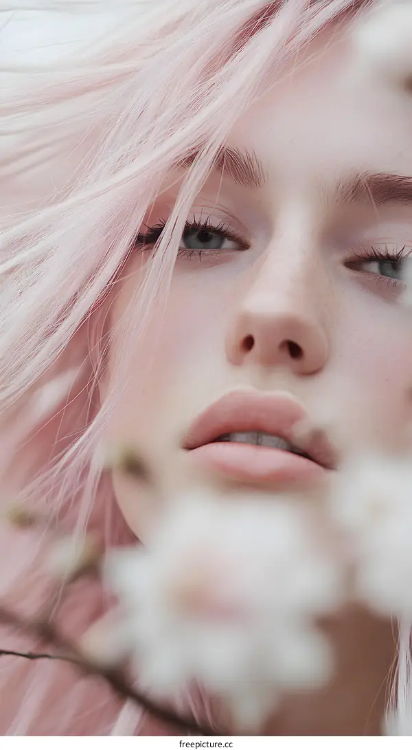 Close Up of Woman with Pink Hair and Flowers