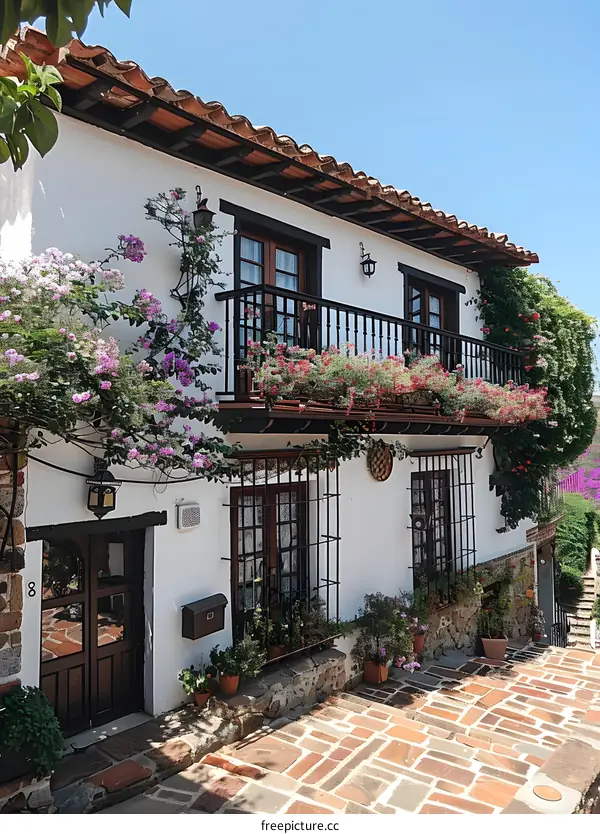 A beautiful house with flowers on the balcony