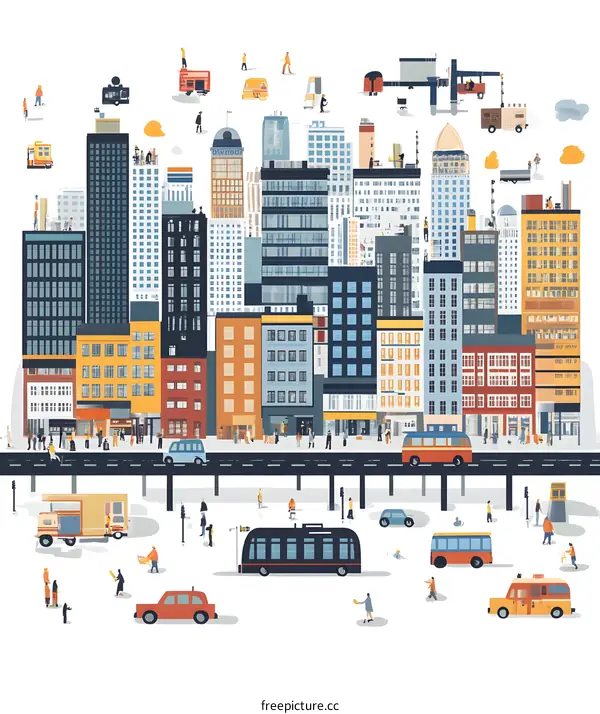 Cityscape Illustration with People and Transportation