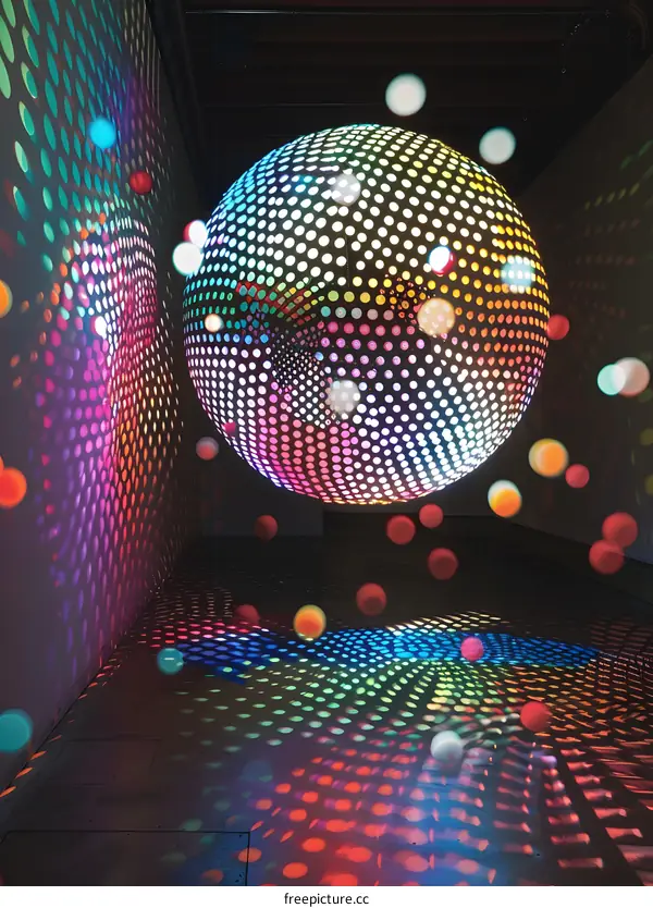 Colorful Disco Ball Hanging In A Dark Room