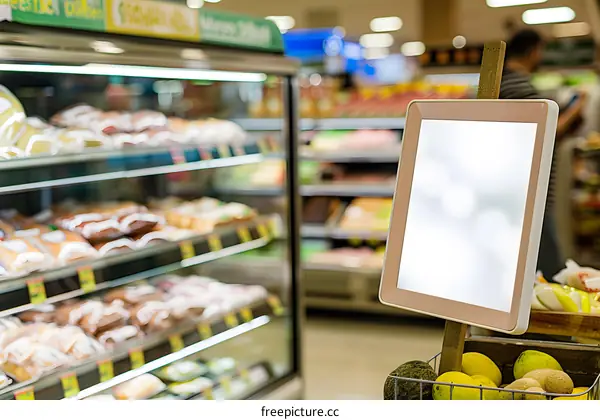 Blank Signage in Supermarket with Food Products in the Background