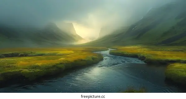 Mist-Enveloped Mountainscape with Scenic River Flowing Through Valley
