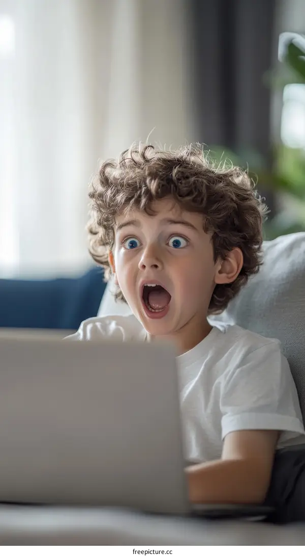 Child with Open Mouth looking at Laptop