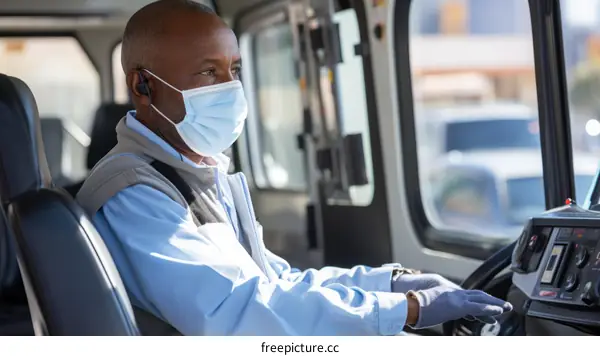 Black bus driver wearing a mask