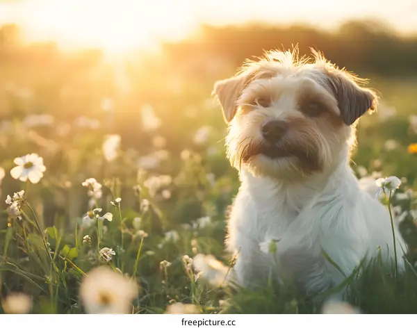 Cute Dog Sitting in a Field of Flowers at Sunset