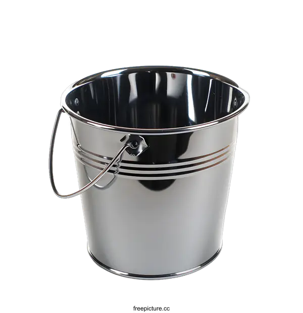[Transparent Background PNG]Metallic Silver Bucket with Handle on White Background
