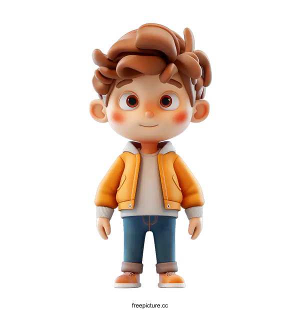 [Transparent Background PNG]Cute Cartoon Boy Character Wearing Yellow Jacket and Jeans Standing on White Background