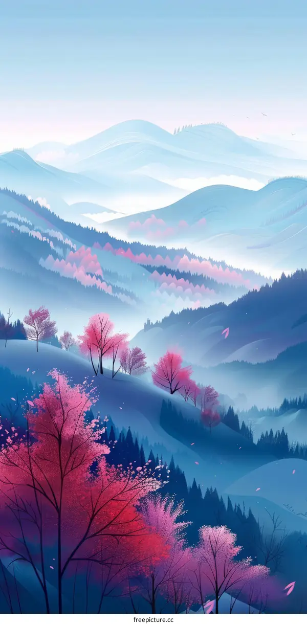 Misty mountain landscape with pink cherry blossom trees