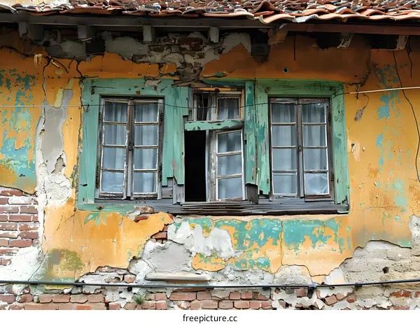 weathered wall with two green windows