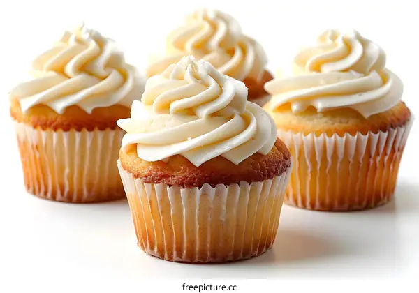 Four Vanilla Cupcakes with White Background