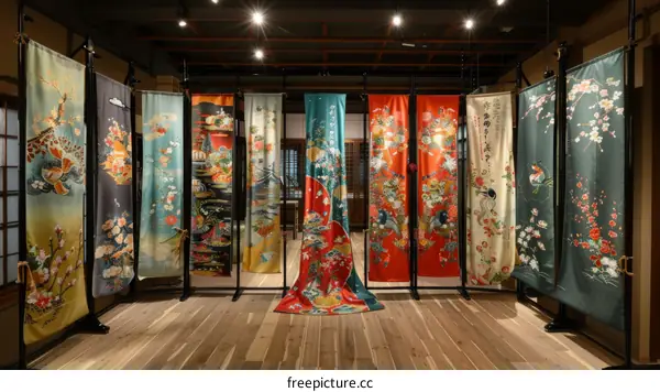 A variety of colorful and intricately designed kimono on display