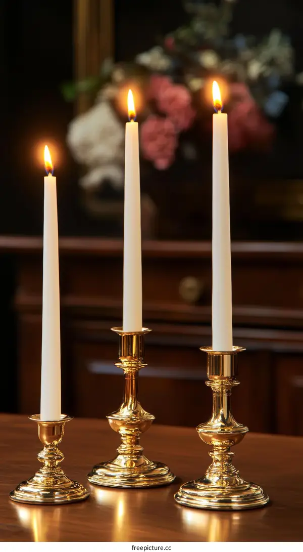 Three Gold Candlesticks with White Candles