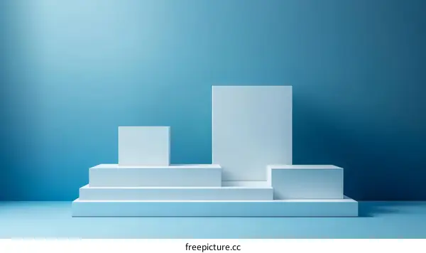 Modern Minimalist White Display Platforms Against a Blue Background