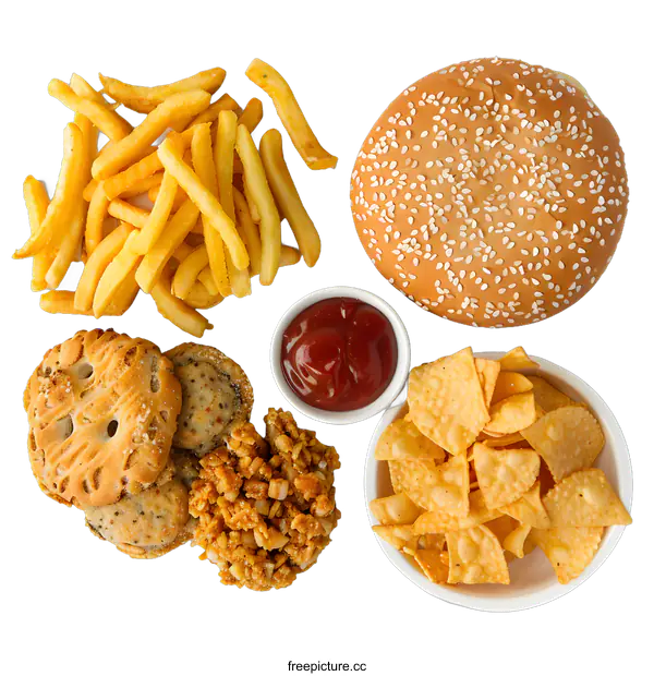 [Transparent Background PNG]Top View of Unhealthy Foods, French Fries, Burger Bun, Nachos, Cookies and Ketchup