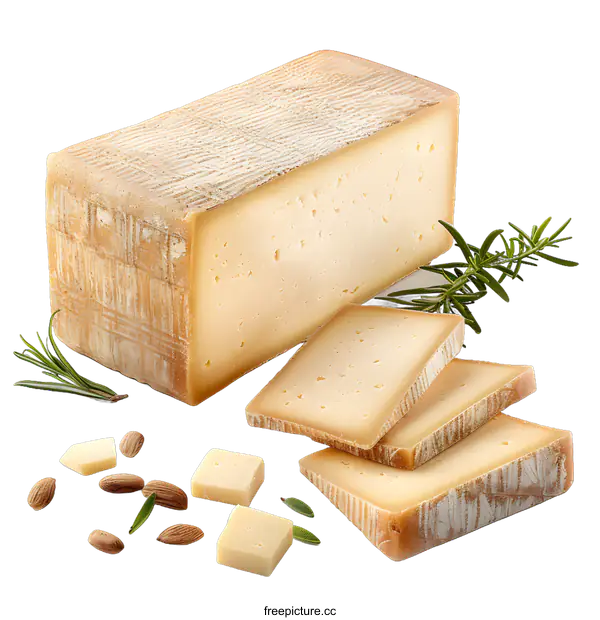 [Transparent Background PNG]cheese block and slices with rosemary and almonds