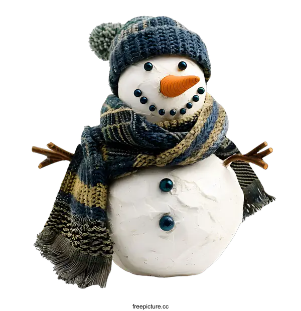 [Transparent Background PNG]Handmade Winter Snowman With Scarf and Hat Isolated on White Background