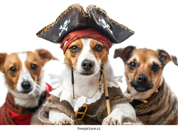 Three dogs wearing pirate costumes