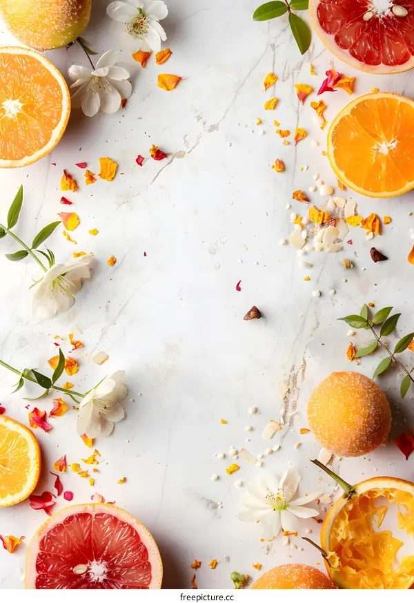Fresh Citrus Fruits and White Flowers on White Marble Background