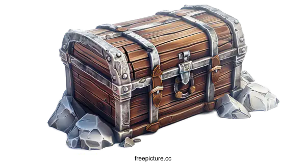 [Transparent Background PNG]A Wooden Treasure Chest on Rocks