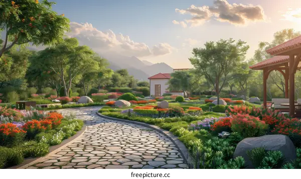 Stone Path in a Serene Garden with a Tranquil House