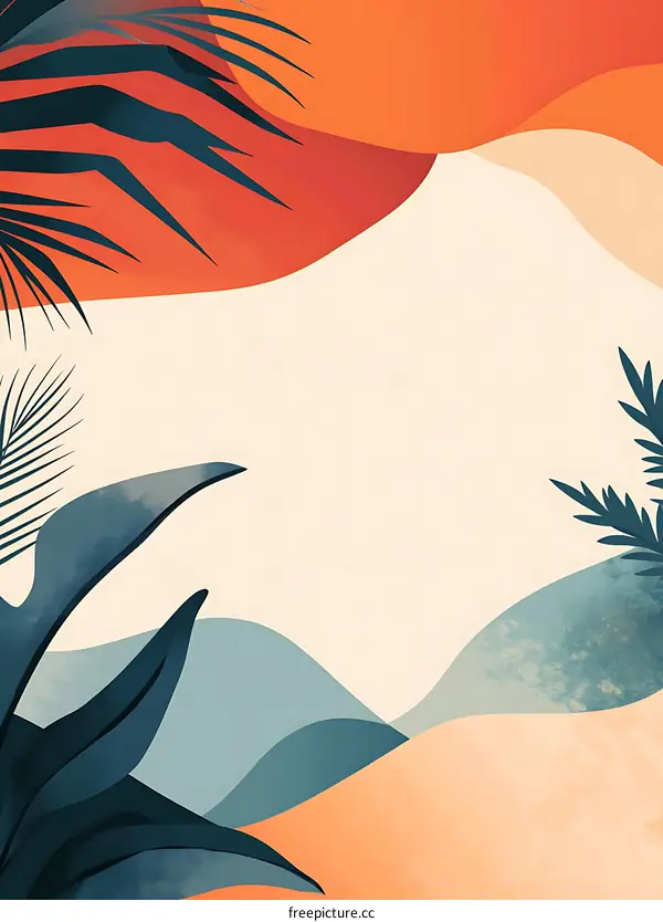 Abstract Tropical Leaves Artwork with Orange and Blue Colors