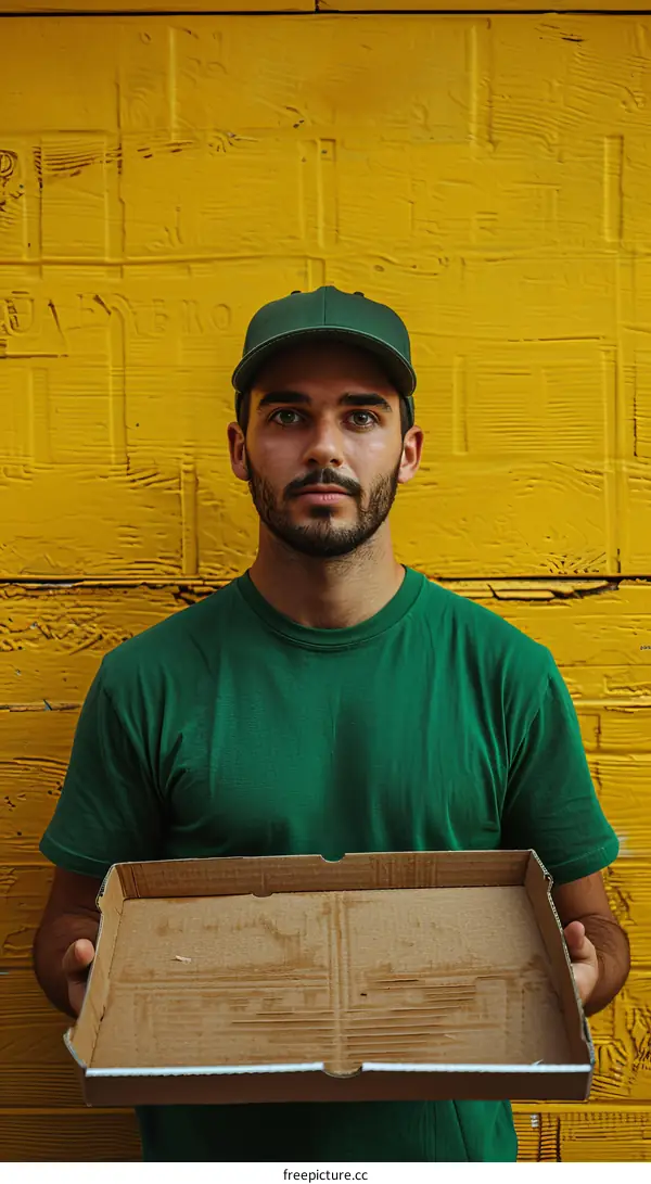 Young delivery man holding an empty pizza box