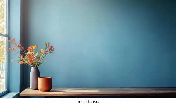 Autumnal Flowers on a Wooden Tabletop Against a Teal Wall
