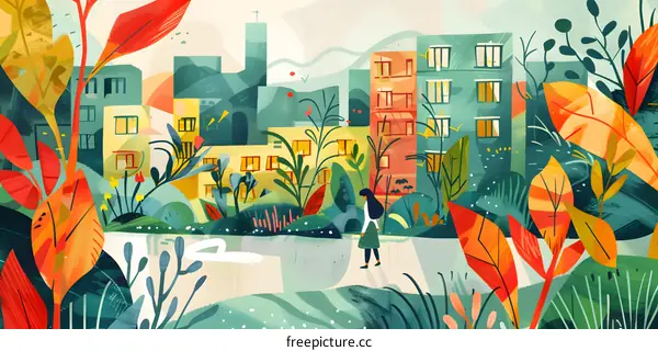 Woman Walking Through City Buildings and Trees