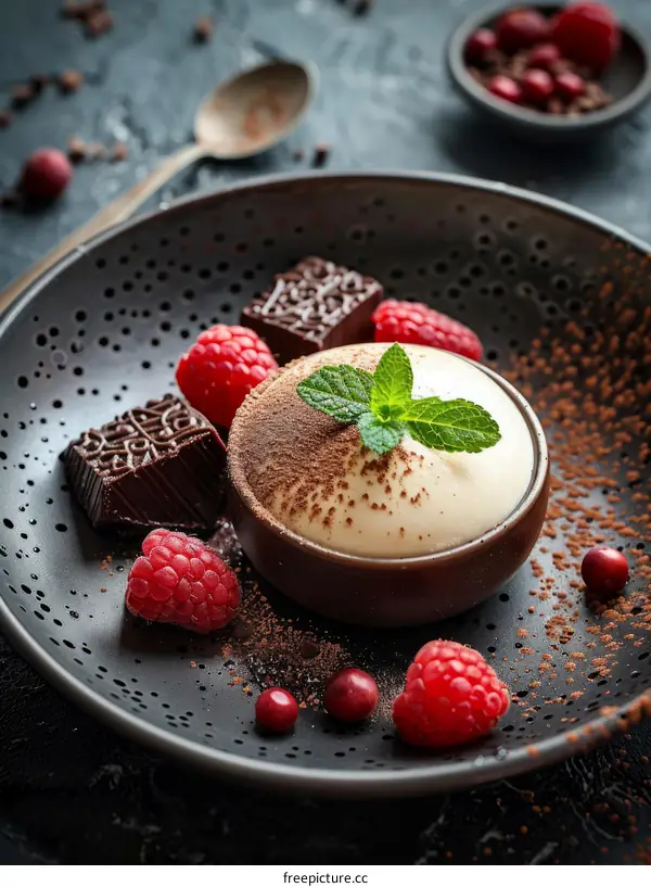 A delicious dessert with chocolate, raspberries and cream
