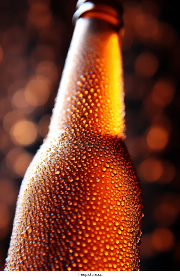Close-up image of a single brown beer bottle with water droplets on its surface against an out of focus background of orange and yellow lights