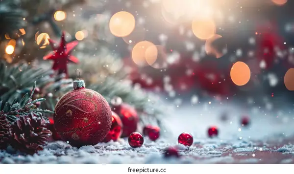 Red and gold Christmas ornaments on snow