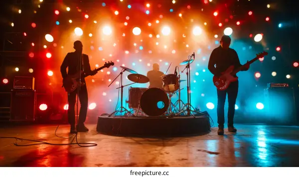 Rock band performing live on stage with colorful lights