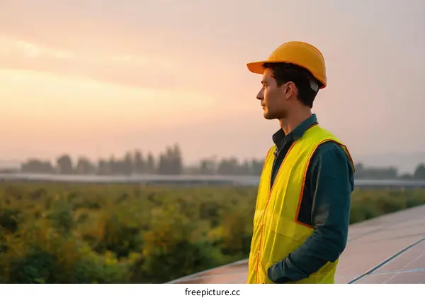 Worker at Solar Panel Farm at Sunset