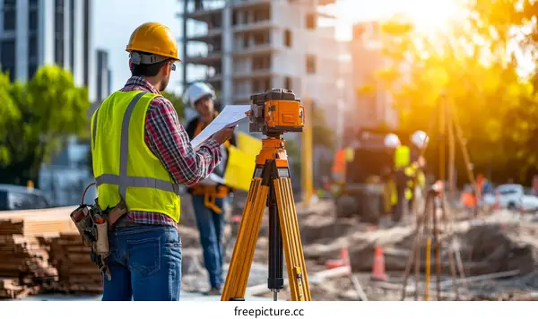 Construction Site Surveying Workers with Plans and Equipment