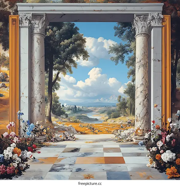 Classical Columns Framing a Romantic Landscape Painting