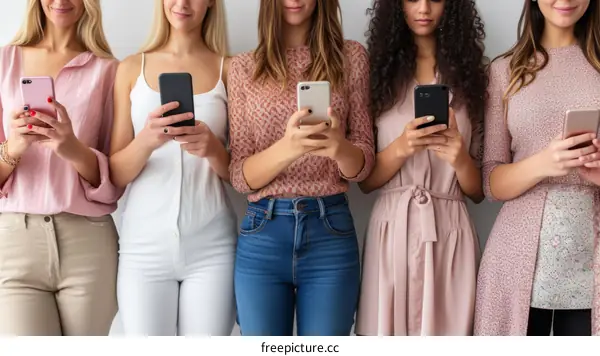 Five young women of various ethnicities using their smartphones