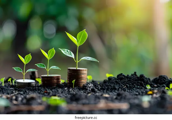 Growing Money Concept Green Plant Sprouting From Coins On Soil