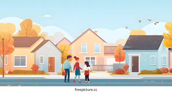 Family Walking In The Autumn Street