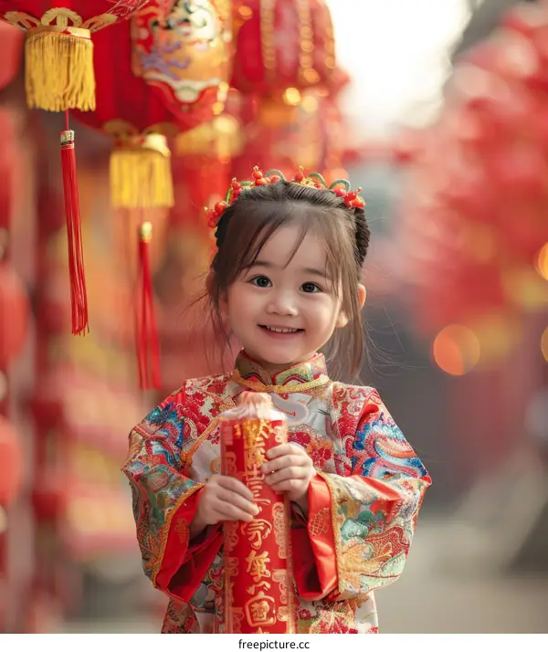 Little girl in traditional Chinese dress holding a firecracker
