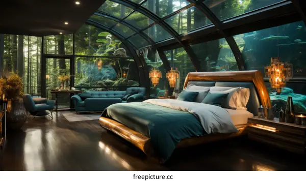 The bedroom of a luxury hotel with a view of the forest