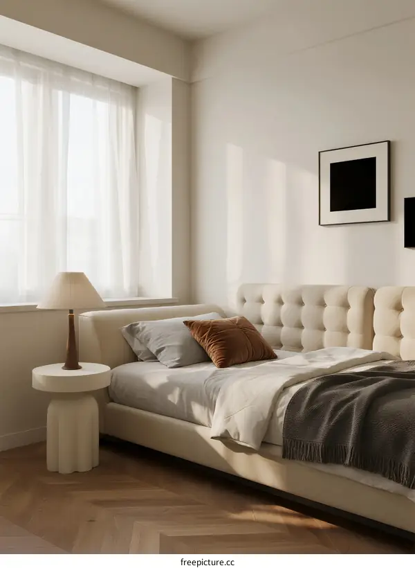 Modern Minimalist Bedroom with Soft Lighting and Tufted Headboard