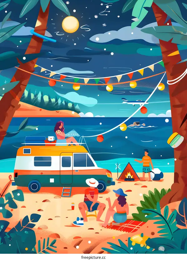 Summer Camping by the Sea Illustration