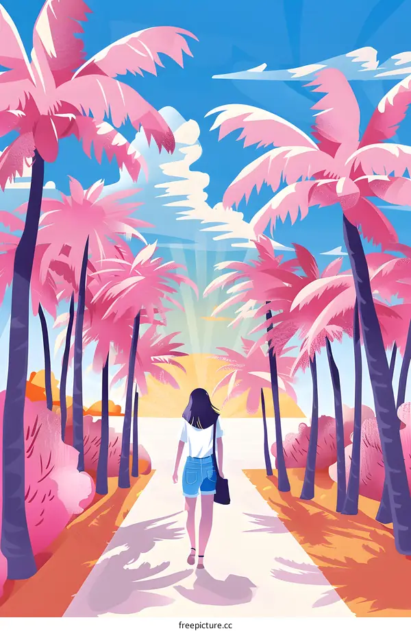 Woman Walking Through Pink Palm Trees Towards the Beach