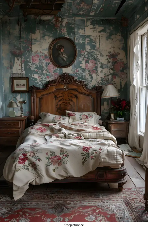 shabby chic bedroom with floral wallpaper