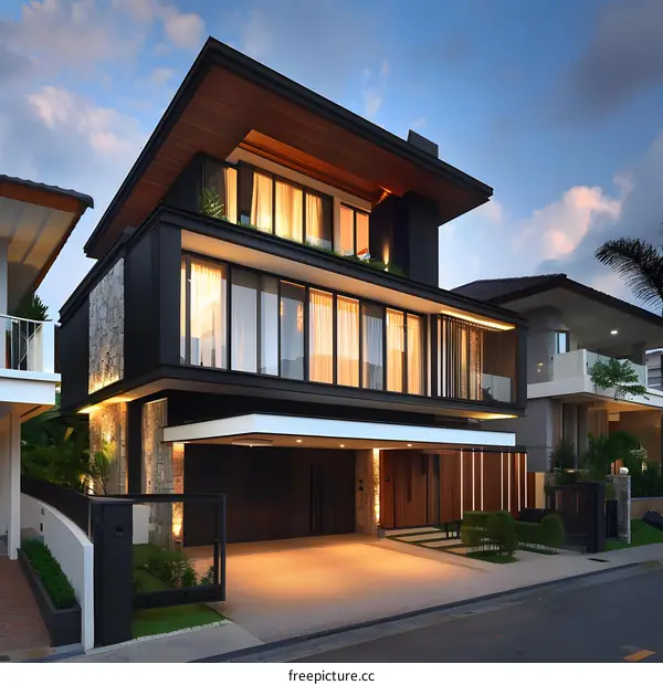 Modern Luxury Home Exterior Design With Stone Facade And Large Windows