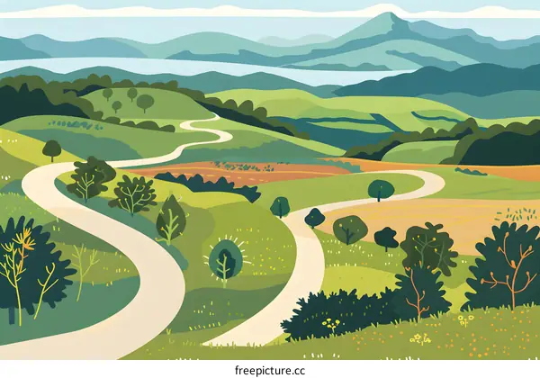 Winding Road Through Green Hills and Mountains Landscape Illustration