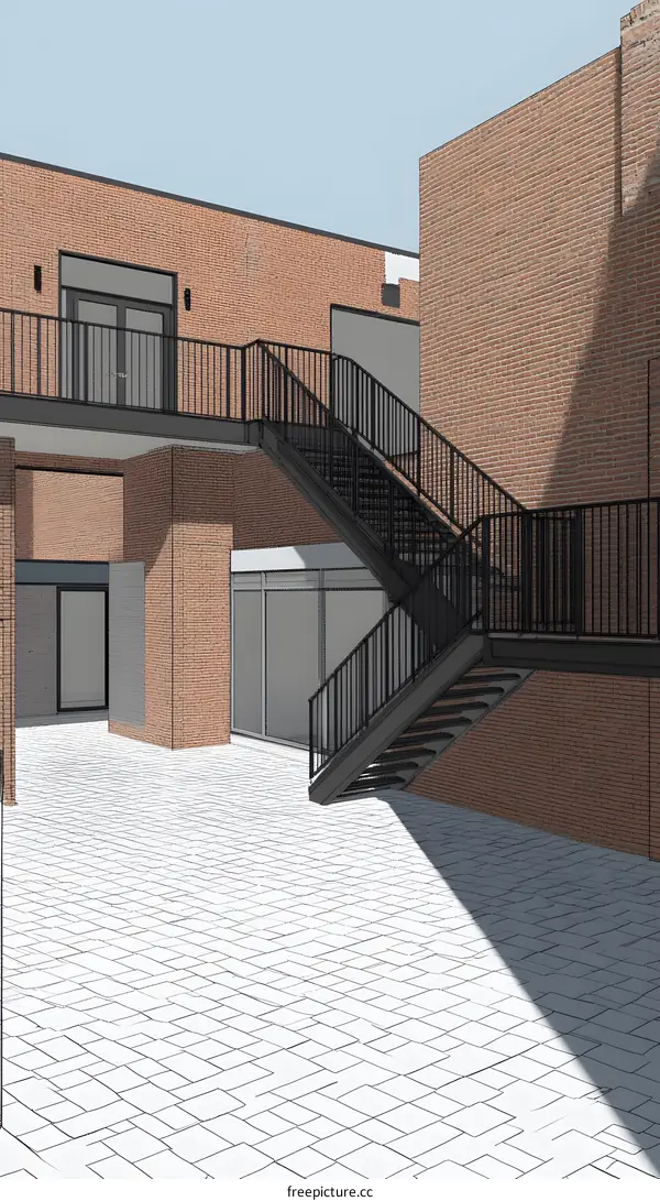 Brick Building Exterior with Staircase and Courtyard