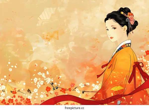 Elegant Asian Woman in Traditional Dress with Cherry Blossoms